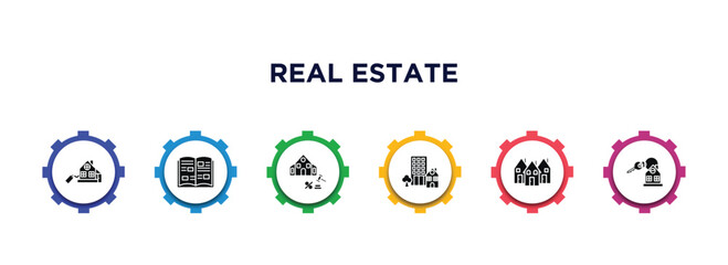 Sticker - real estate filled icons with infographic template. glyph icons such as real estate, catalog, sold, property, houses, house key vector.