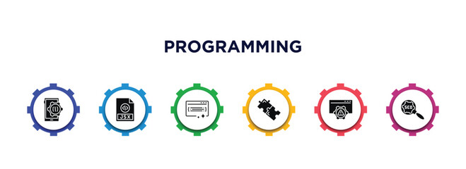 programming filled icons with infographic template. glyph icons such as mobile development, jsx, clean code, addon, error, seo vector.