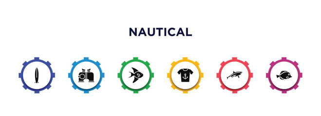 Wall Mural - nautical filled icons with infographic template. glyph icons such as one suroard, binocular, fish facing right, shirt, shark, fish vector.