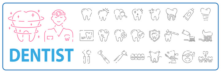 Sticker - Dental tooth icons set, such as dentist, clean, protect treat, oral. Health, medicine, medical or hospital vector