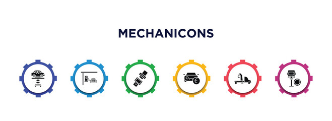 Sticker - mechanicons filled icons with infographic template. glyph icons such as car lifter, car at gas station, car seat belt, sale in euros, crane, bus in reparation vector.