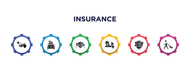 Sticker - insurance filled icons with infographic template. glyph icons such as engine problems, vehicle repair, hospitalization, disaster, transport insurance, bite vector.