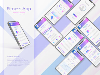 3D fitness app. Android application design mockup. Web trends. Mobile UX. Smartphone running infographic. Weight and calorie measurement. Menu interface. Vector creative illustration