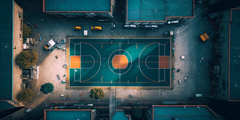 Wall Mural - Aerial overhead view of a basketball game - Generative AI