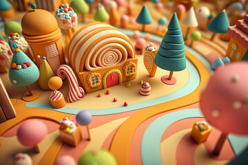 Wall Mural - Candyland Houses made from Marshmallow and sweets. 3D Render, Generative Ai.