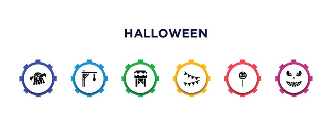 Wall Mural - halloween filled icons with infographic template. glyph icons such as halloween ghost, gallows, pillory, halloween decoration, candy, pumpkin face vector.