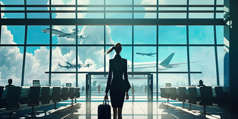 Poster - Businesswoman awaiting for flight in departure hall - Generative AI