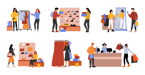 Fashion shop. Retail sale. People choose or try clothing in boutique. Customers in market. Happy commerce sellers. Persons buy trendy clothes. Mall buyers set. Vector flat illustration