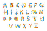 Fototapeta Pokój dzieciecy - Spaceship font English alphabet abc letters vector flat childish calligraphy educational typescript