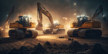 Many Excavators Work On Construction Site With Night Lights - Generative AI