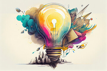 Colourful sketch with large light bulb, rocket launch, cogwheel, business