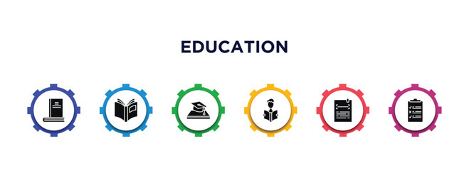 Sticker - education filled icons with infographic template. glyph icons such as hardbound book variant, open book black cover, is an element of, man reading, title, as vector.