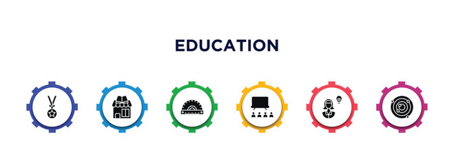 Sticker - education filled icons with infographic template. glyph icons such as medallion, book shop, semicircle with ruler, university class, woman with idea, atomic theory vector.