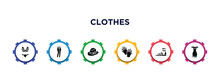 Clothes Filled Icons With Infographic Template. Glyph Icons Such As Lingerine, Slim Fit Pants, Men Hat, Wool Gloves, Gladiator Sandal, Off The Shoulder Dress Vector.