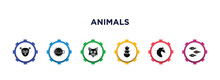 Animals Filled Icons With Infographic Template. Glyph Icons Such As Philippine Tarsier, Puffer, Pallas Cat, Chick, Wild Horse, Shoal Vector.