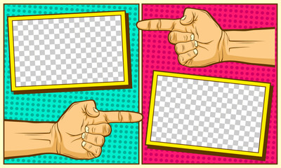 Wall Mural - Cartoon comic frame background template with hand direction