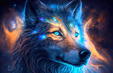Powerful Epic Legendary Wolf with glowing face in Universe. Spiritual Animal Awakening Concept.Magical Fantasy Epic Wallpaper. Generative AI.