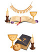 Religious clipart, illustration of a Bible,  candle and other religious elements; first communion clipart