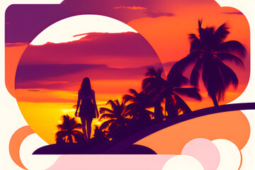 Wall Mural - Silhouette of a woman, sunset on a tropical beach with palm trees, 80s vibe. Generative AI