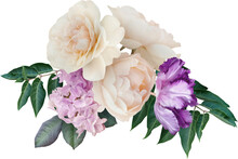 Bouquet Of Lilac, White Roses And Purple Tulip Isolated On A Transparent Background. Png File.  Floral Arrangement. . Can Be Used For Invitations, Greeting, Wedding Card.