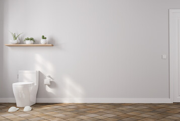 Wall Mural - Modern contemporary style toilet with empty white wall for copy space 3d render, there are brown terracotta tile floors decorate with wooden shelf on the wall for placing potted plants