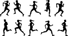 Runner Silhouette Set Of Sprinters, Runners And Joggers Running Track Or Jogging. People Silhouettes In Outline. Women And Men, Male And Female Athletes Racing.