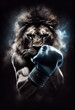 Athletic Lion in boxing gloves. AI generated.
