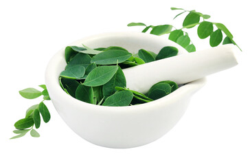 Canvas Print - Edible moringa leaves in a mortar with pestle