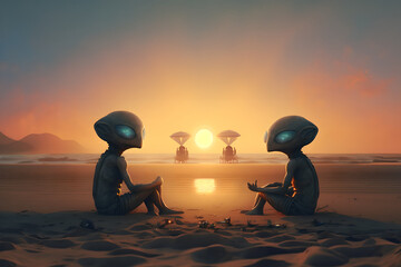 Just a bunch of alien best friends sitting on the beach watching the sunsetand enjoying the view of the alien ocean / sea