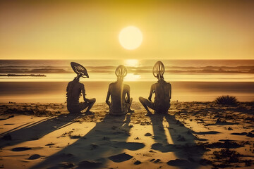 Just a bunch of alien best friends sitting on the beach watching the sunsetand enjoying the view of the alien ocean / sea