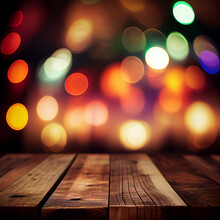 Wooden Tabletop Background Colored Bokeh - AI Generated Image