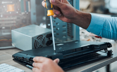 Leinwandbilder - Laptop, technician and IT repair with screwdriver for computer hardware maintenance. Hands of tech support or electrician person with tools to upgrade information technology problem and programming
