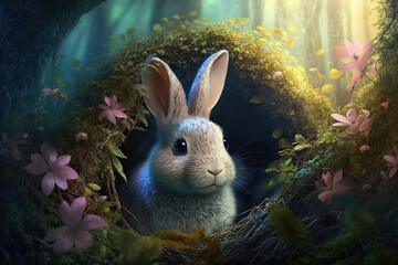 Wall Mural - cute easter bunny in a hole, Generative AI