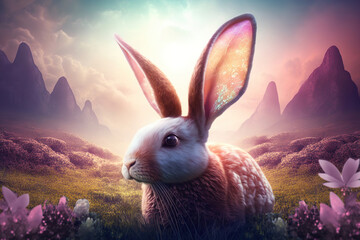 Canvas Print - cute magical rabbit in the grass, Generative AI