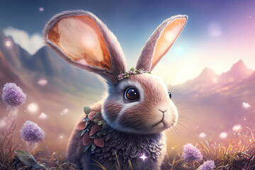 Poster - close-up of a cute rabbit in a magical landscape, Generative AI