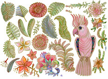 Set From Watercolor Painted Tropical Flower, Palm Leaves And Fantasy Cockatoo Parrot Isolated On A White Background