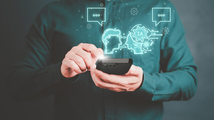 ChatGPT Chat with AI, Artificial Intelligence. Adult man chatting with a smart AI or artificial intelligence using an artificial intelligence chatbot developed, Futuristic technology transformation.