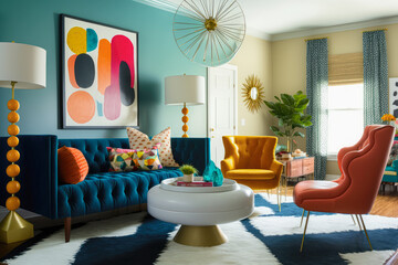 A colorful and eclectic living room inspired by mid-century modern design, with vintage pieces mixed with contemporary art and bold pops of color - Generative AI