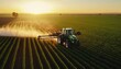 Aerial View of Tractor Spraying Pesticides on Green Soybean Plantation at Sunset - Drone View. Generative ai illustration