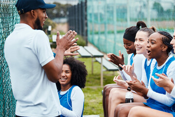 Poster - Sports celebration, netball team building and coach happy for game winning, teamwork collaboration or competition winner. Coaching athlete, teaching applause and group of celebrate, excited and clap