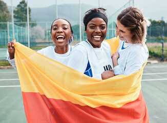 Wall Mural - Winning netball, flag and sports team celebration, excited or celebrate competition award, victory winner or court game. Germany people, teamwork achievement and portrait of athlete happy for success