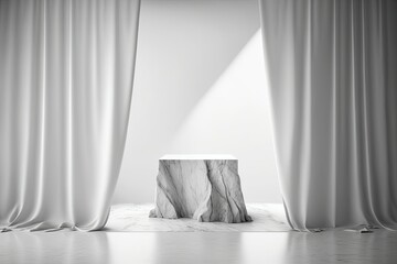 Sticker - Empty white granite stone table with flowing satin sheer curtains and natural light, ready to display fashion and beauty products. Spectacular, Premium, Mockup, Templates, Backgrounds, and Templates