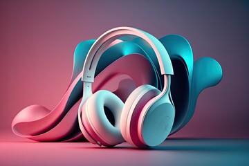 Wall Mural - Background of white wireless headphones, pink foreground. The idea of music listening. Generative AI