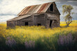 © Florian - An abandoned, weathered barn sitting in a vast field of wildflowers, illustration, painting - Generative AI