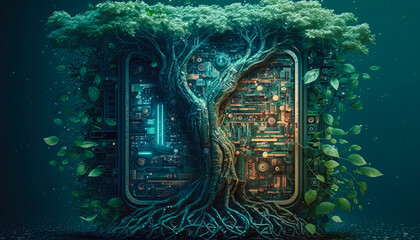 an environment inspired by the virtual world of computers ,artificial intelligence,and technology, filled with binary code, circuits, and artificial intelligence - Generative AI