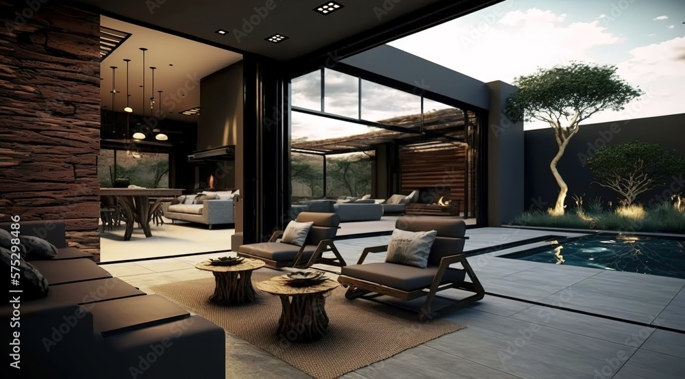 luxury interior of a modern house with large windows and stylish ...