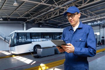 Sticker - Serviceman with digital tablet on the background of the bus in the garage	