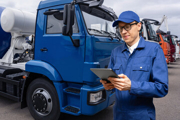 Poster - Manager with a digital tablet next to trucks. Fleet management	