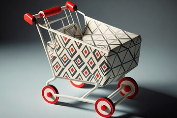 Poster - Wheeled cart for shopping, printed with geometric patterns on patterned paper. The psychology of compulsive shopping. A pop aesthetic. Blanket copy space. Perspective from on high. Generative AI