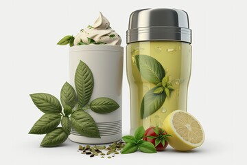 Canvas Print - Lemonade with basil, a refreshing summer drink served in a cocktail shaker. Generative AI